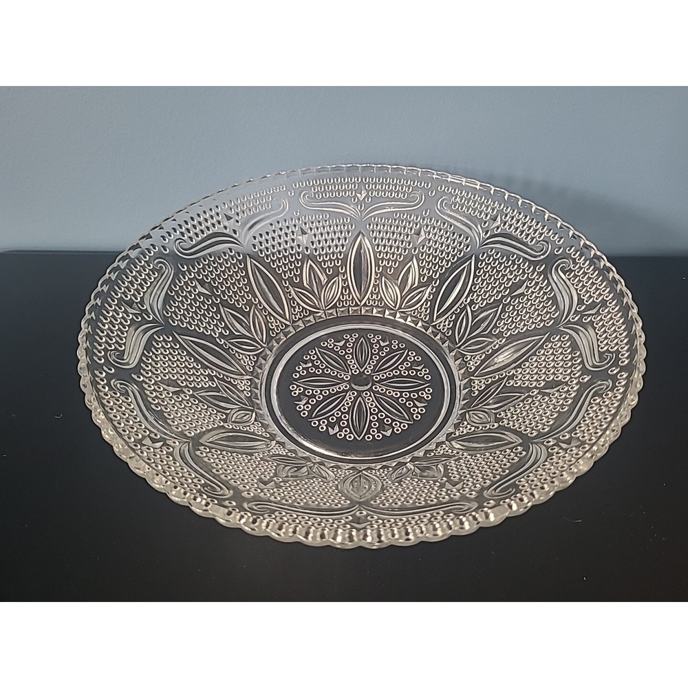 Glass Bowl Crystal Clear‎ Serving Salad , Fruit Elaborate Hobnail Scrolls 10"